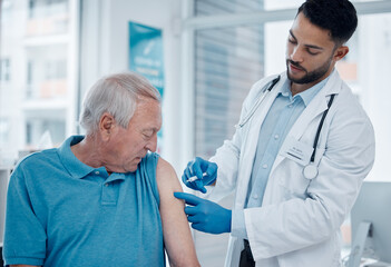 Doctor, patient and men in clinic with injection for vaccines, cure and prevention for illness....