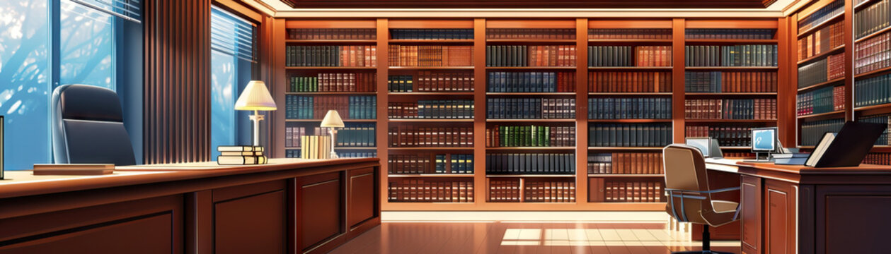 Law Firm Office Floor: Displaying legal books, conference rooms, lawyer's offices, and paralegals working