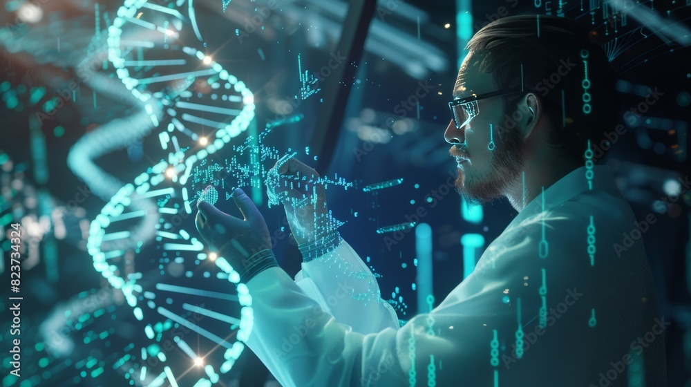 Aufkleber A scientist examining a DNA-like structure made of data strands, revealing the intricate patterns of the metaverse's underlying code.
