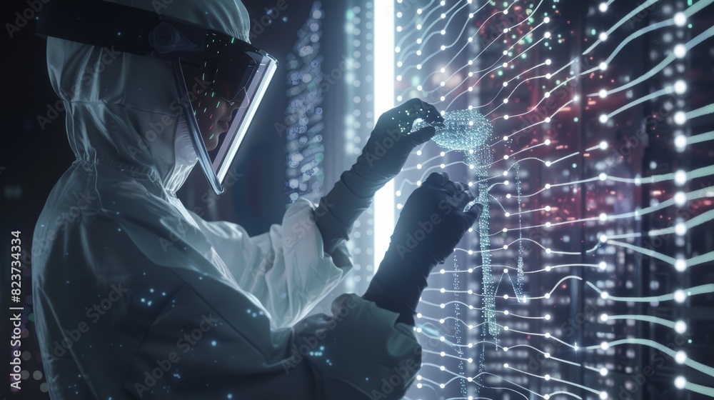 Poster A scientist examining a DNA-like structure made of data strands, revealing the intricate patterns of the metaverse's underlying code.