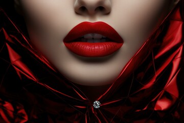 Fototapeta premium Stunning macro shot capturing the perfect red lips of a woman and a high-fashion glossy red collar