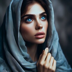 Biblical and religious figure. Intimate and emotional close-up portrait of a woman with blue eyes, wearing a veil and looking upwards, as if in prayer.