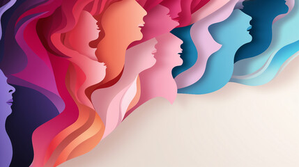 Empowering Women: Diverse Silhouettes for International Women's Day Banner, Paper Cut 3D Illustration with Copy Space