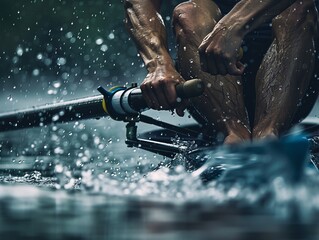 A muscular athlete rowing through water with splashes around.