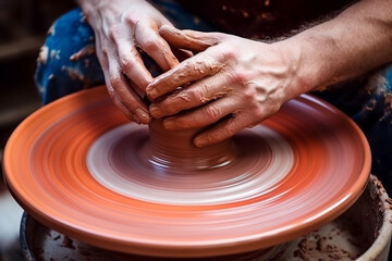 Close-up view of a potter's hand, a vase on a potter's wheel.