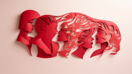 Diverse Women's Day Banner: Multi Ethnic Women's Faces in Paper Cut Silhouettes, 3D Illustration for Feminism, Independence, and Empowerment Messages.