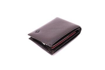 Closed men's wallet with credit cards and dollars on a white background
