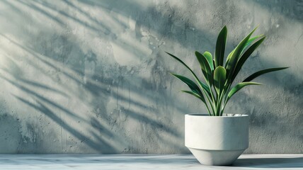 Modern Plant in a Geometric White Pot Against a Textured Wall with Artistic Shadow Play.