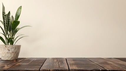 Elegant Minimalist Design. A Verdant Plant in a Stone Pot on a Rustic Wooden Table Against a Soft Beige Background.