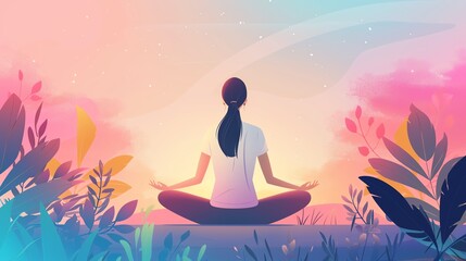A woman meditates outdoors amidst colorful foliage during sunset, focusing on mindfulness and inner peace in a serene natural setting.