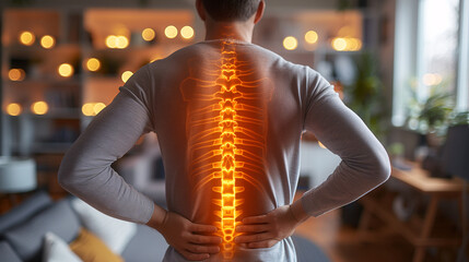Man with Back Pain Highlighting Spine Anatomy in Modern Living Room