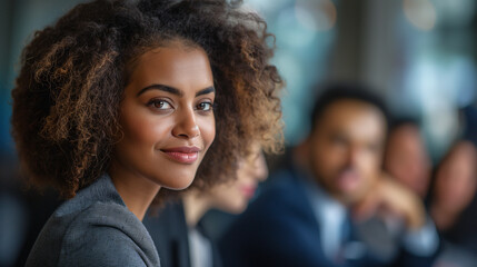 Fototapeta premium Confident Businesswoman Smiling in a Professional Meeting Setting