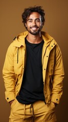 Fototapeta premium A cheerful young male with curly hair wearing a bright yellow jacket and a black t-shirt against a brown background