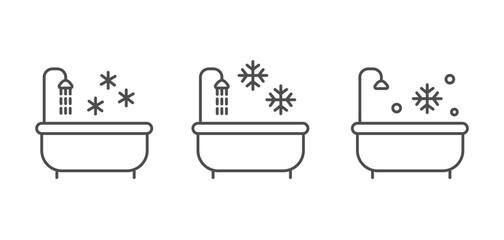 Set of outline icons with bathtub and cold water. Concept of ice bathing for healthy lifestyle. Body hardening procedures. A shower with cold water. Therapy with ice water. 