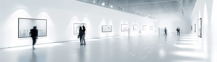 Fototapeta premium Art Gallery Floor: Displaying white walls, spotlights, art installations, and visitors admiring the artwork