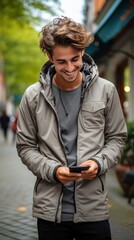 A young and stylish man smiles as he uses his smartphone while walking on a vibrant city street