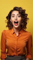 A surprised and excited young woman with curly hair wearing a bright orange blouse against a yellow background