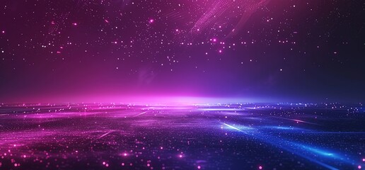 Obraz premium Futuristic digital landscape with neon pink, purple and blue glow. Surreal night sky filled with stars and sparkles. Abstract illustration for tech background, cyber themes and modern projects