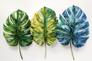 Multicolor mosntera huge leaves watercolor illustration