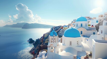 A scenic view of Santorini s iconic whitewashed buildings with blue domes