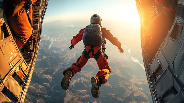 A skydiver freefalling from an airplane with a parachute deployed