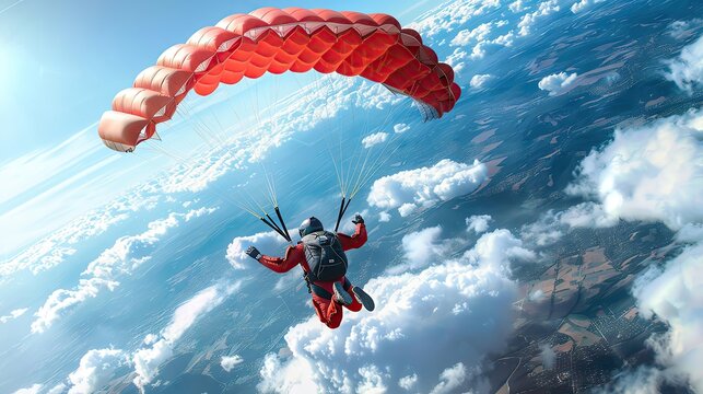 A skydiver freefalling from an airplane with a parachute deployed