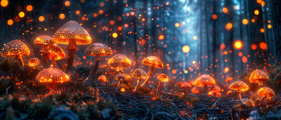 Enchanting forest with glowing mushrooms, otherworldly atmosphere, close up, fantasy land, vibrant, double exposure, mystical woods backdrop
