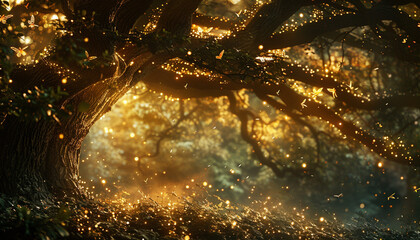 Enchanted forest with fairies dancing, magical light, close up, mystical woods, whimsical, double exposure, ancient tree backdrop
