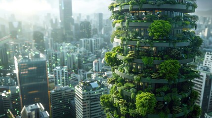 Obraz premium Innovative vertical farming towers amidst a busy city