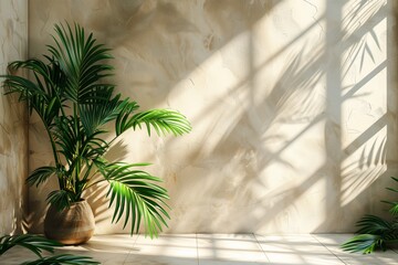 A large plant is sitting in a vase on a table in front of a wall. The plant is green and has long leaves. The room is empty and has a lot of natural light coming in from the window