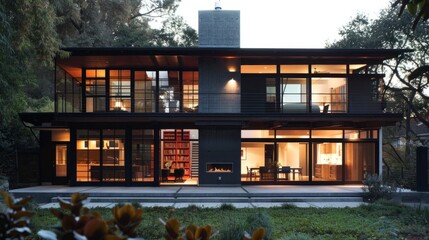 Suburban house of industrial design, characterized by materials such as steel, concrete and glass. generative ai