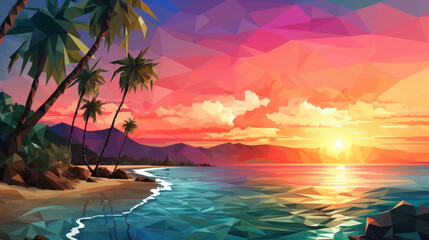 Low poly artwork of tropical landscape with a sunset view, palm trees swaying, and a calm beachfront