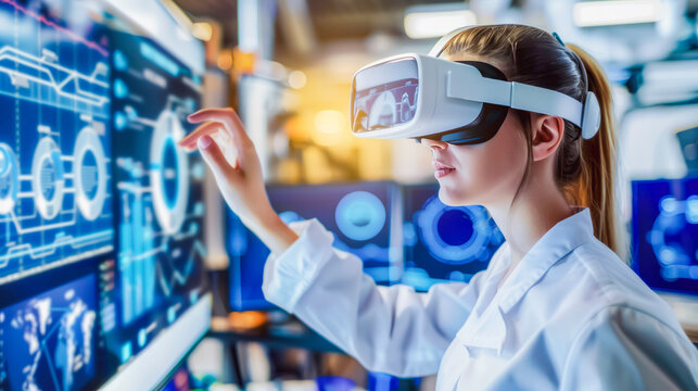 A female scientist using a VR headset interacts with a holographic interface in a high-tech laboratory, highlighting the integration of virtual reality in scientific research and data analysis.

