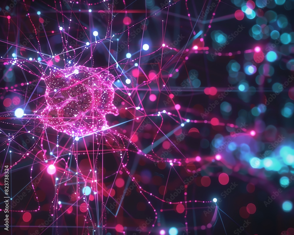 Poster abstract neural network visualization with vibrant pink and turquoise lights, showcasing interconnec