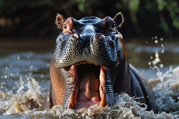 Illustration of hippo's mouth is open in the water, high quality, high resolution