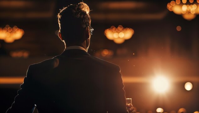Authoritative male executive delivering a speech, commanding attention with a powerful presence