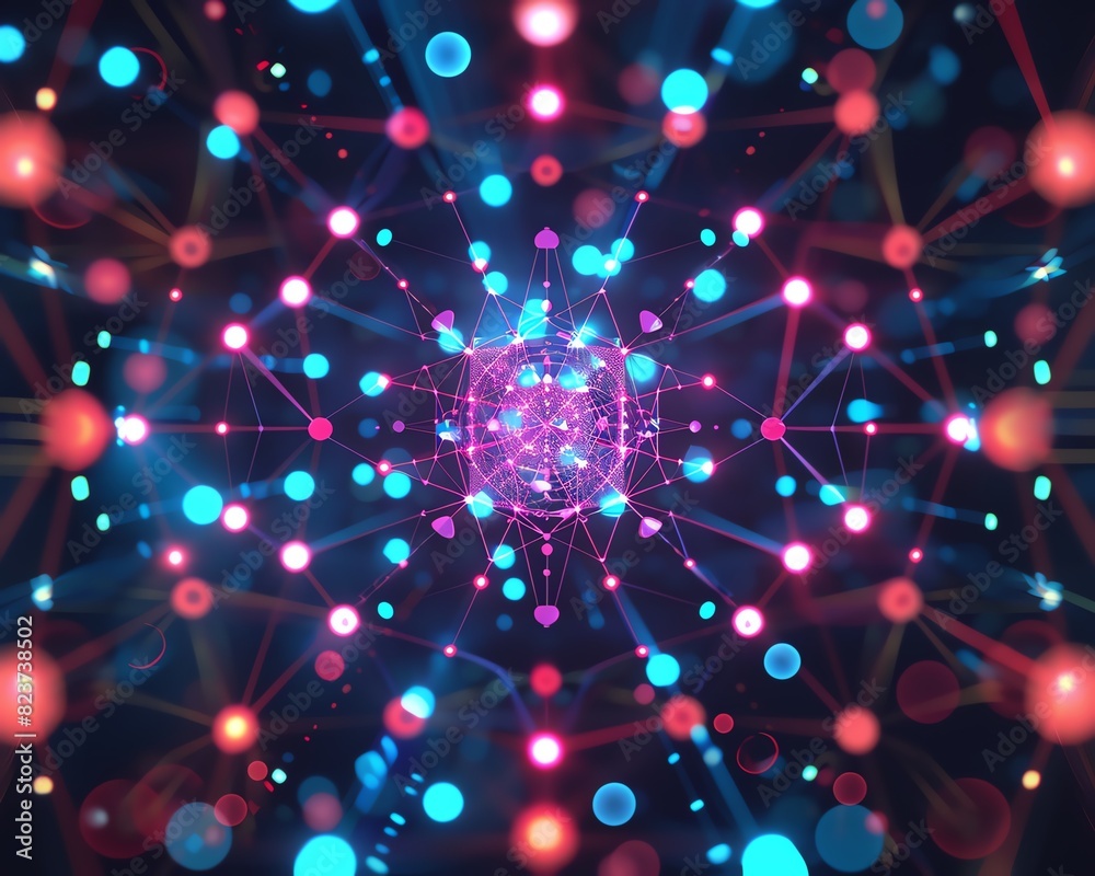 Poster vibrant abstract light patterns with interconnected particles and nodes. bright glowing colors creat
