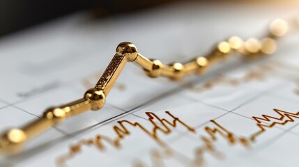 Golden arrow rising on a line graph, isolated on white background, business success symbol, stock photo, ample copy space