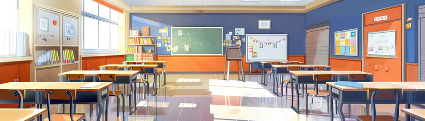 Classroom Floor: Displaying desks, chairs, whiteboards, educational materials, and students engaged in learning