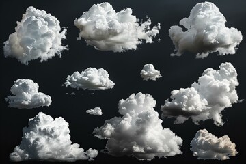 A collection of white clouds on a black background, in the realistic photographic style,