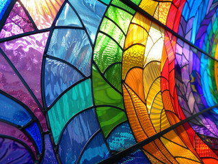 A colorful stained glass window with a rainbow design. LBGTQ people pride symbol