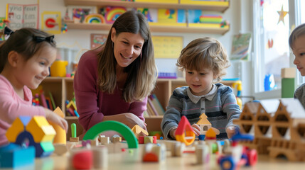 Preschool Teacher Playing With Children in a Room