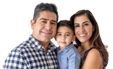 Mexican couple with their little son portrait over isolated white transparent background