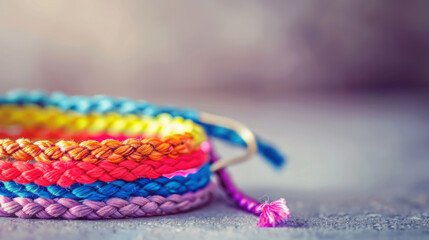 Handmade pride friendship bracelets closeup realistic craft, friendship, jewelry, colorful, closeup shot