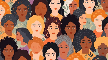 Celebrating Women's Diversity - Seamless Pattern of Multicultural Female Faces for International Women's Day