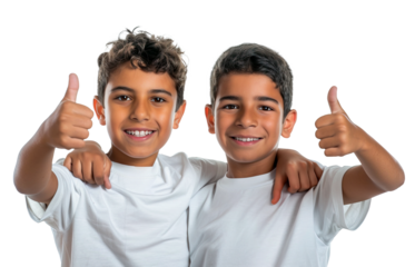Two Hispanic little brothers wearing white t-shirt and doing thumbs up at camera. Isolated over transparent background