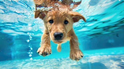 Summer Dog. Golden Labrador Retriever Puppy Enjoying Fun Underwater Play in the Swimming Pool