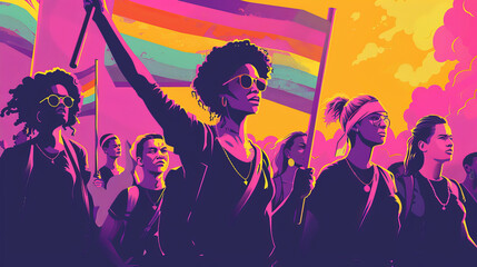 A group of people holding rainbow flags and holding hands. LBGTQ people pride symbol