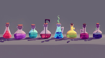 Colorful laboratory flasks with magical potions