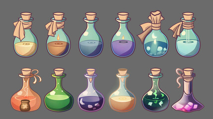 Illustration of a collection of magical potion bottles with different contents and sealed tops